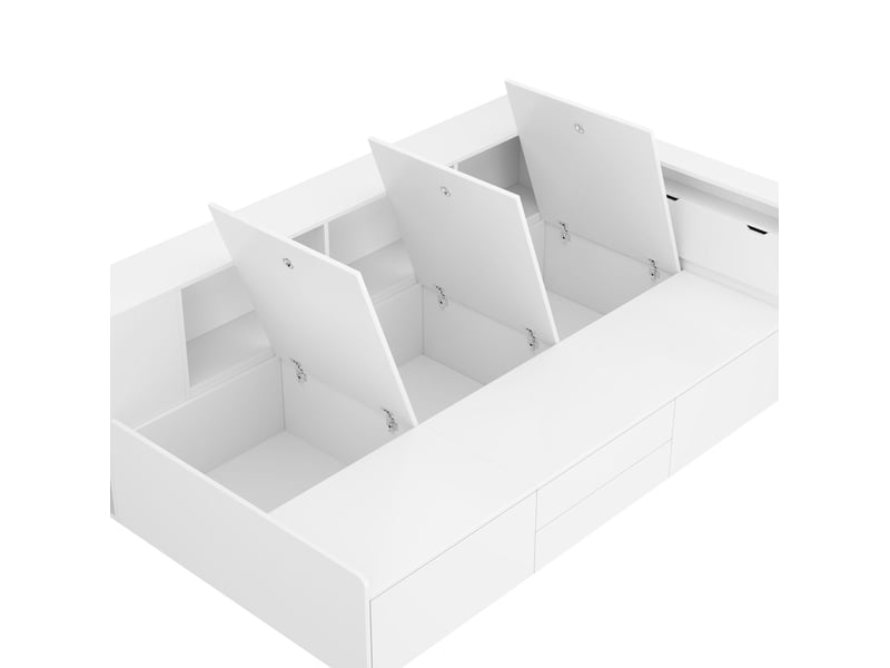  Lit simple enfant 90x200 cm – blanc – 4 tiroirs, bibliothèque et rangements intégrés - sans matelas  - Conforama E