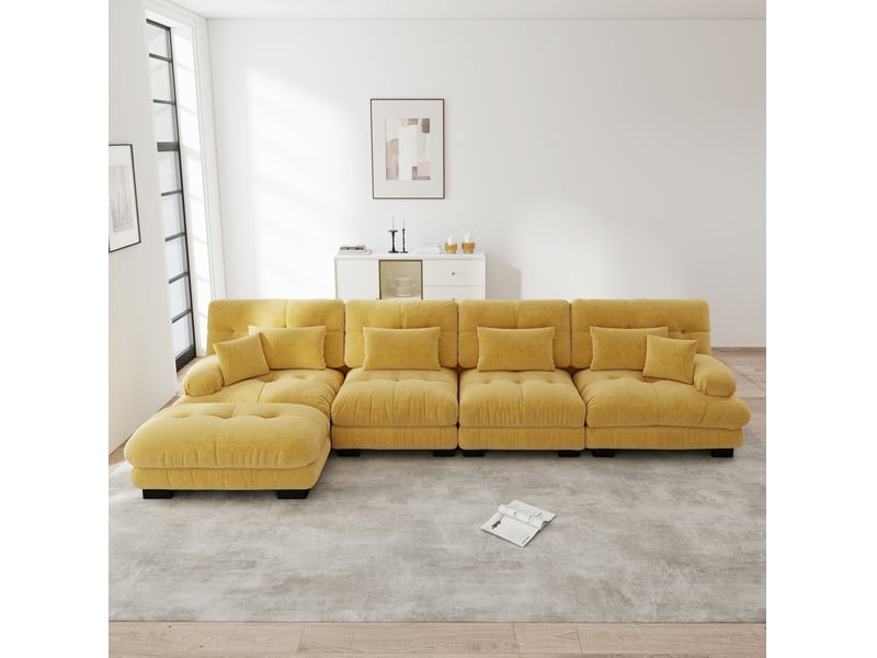  Canapé d'angle modulable ulevr 4 places en chenille jaune avec ottomans mobiles, configuration l, droite ou u  - Conforama B