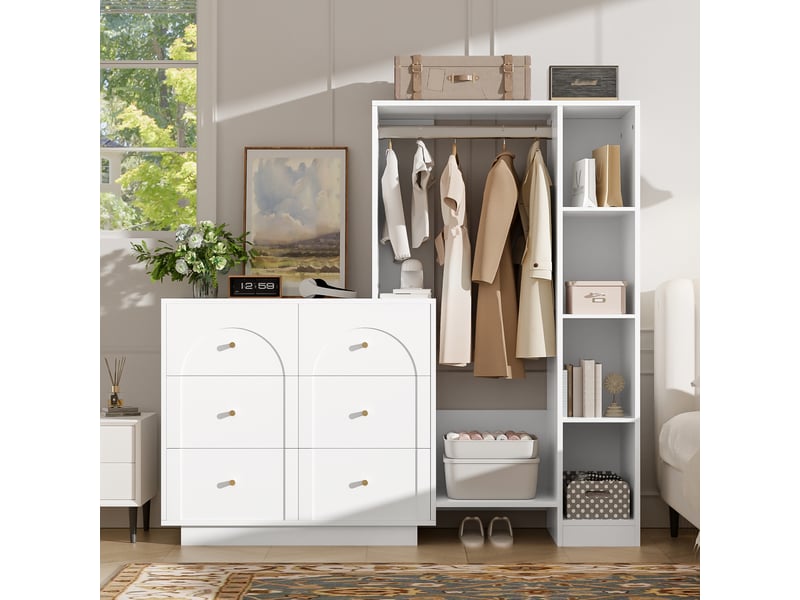  Armoire ouverte multifonctionnelle avec penderie, 6 tiroirs, blanche, 139 x 35 x 133 cm  - Conforama D