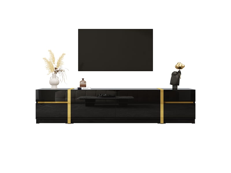  Meuble tv noir et or 180 cm finition brillante avec 4 tiroirs et 2 portes, banc tv moderne pour salon  - Conforama A