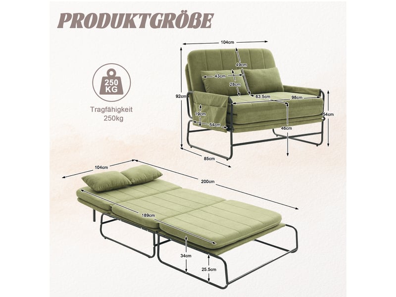  Canapé convertible 2 places - 104x85x92cm - banquette lit pliable dossier réglable tissu chenille et métal - vert  - Conforama E