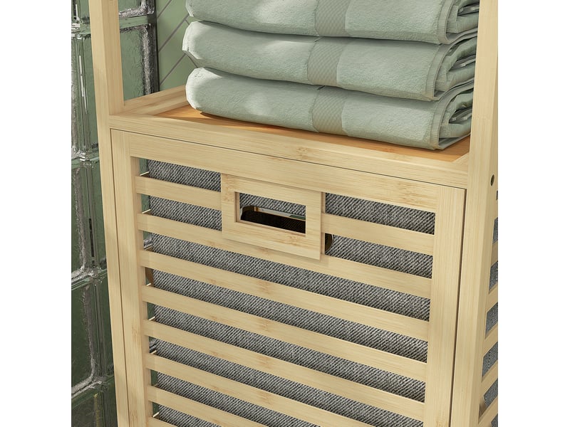 Étagère de salle de bain 44x33x160 cm – bambou naturel – 3 étagères avec panier à linge basculant - Conforama D