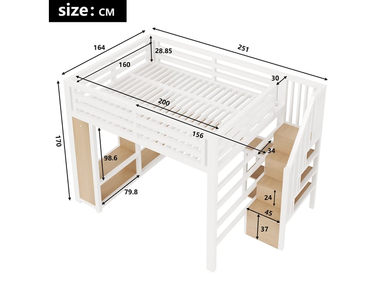 Lit mezzanine gaming en métal 160x200 cm, lit double led usb avec bureau, penderie ouverte, escalier rangement, blanc et naturel - Conforama C