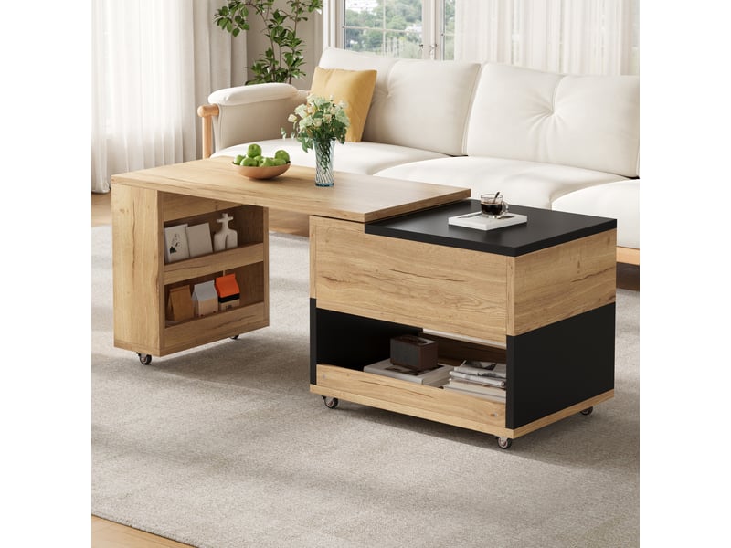  Table basse modulaire extensible avec élément pivotant à 360°, plateau relevable, rangement et roulettes pour salon  - Conforama C