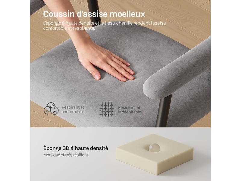 Lot de 2 chaise de salle à manger, gris,en chenille et métal, siège rembourré, dossier et accoudoirs intégrés - Conforama C