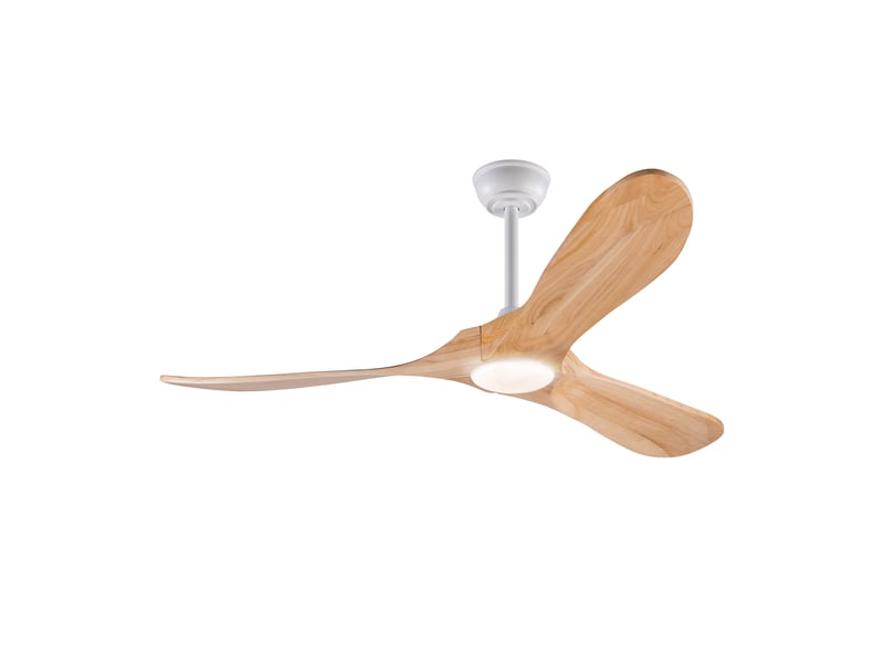 Ventilateur de plafond 132 cm éclairage led 3 couleurs dimmable 3 pales bois massif naturel et blanc réversible 6 vitesses - Conforama A
