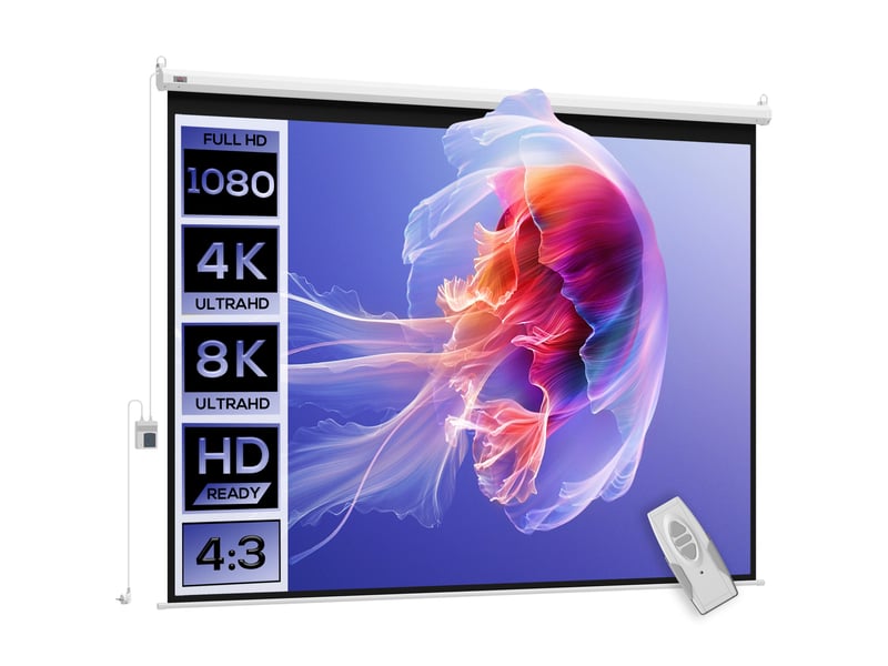  Écran vidéoprojecteur 84 pouces, 4:3 4k hd écran de projection motorisé et électrique, écran de projection tv et home cinéma, panneau de commande et télécommande, montage mural ou plafond  - Conforama B