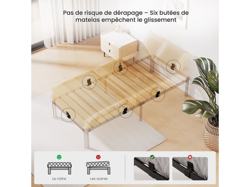 Lit 90x200 cm, cadre de lit métallique, lit 1 personne, grande capacité de rangement sous le lit, structure robuste et silencieuse, antidérapant, charge maximale 300 kg, noir - Conforama D