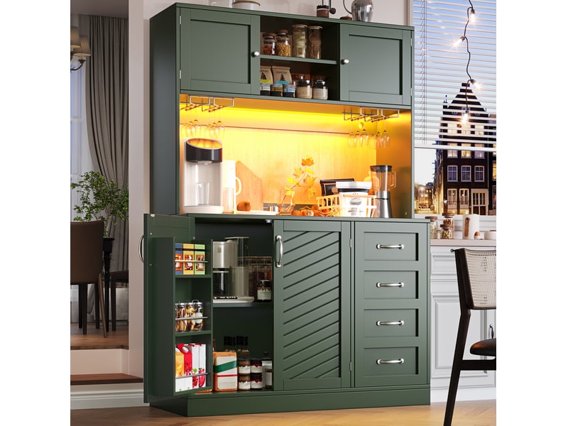 Buffet de cuisine vert en mdf avec led, 4 portes, 2 grands tiroirs et porte-verres, rangement spacieux  - Conforama B