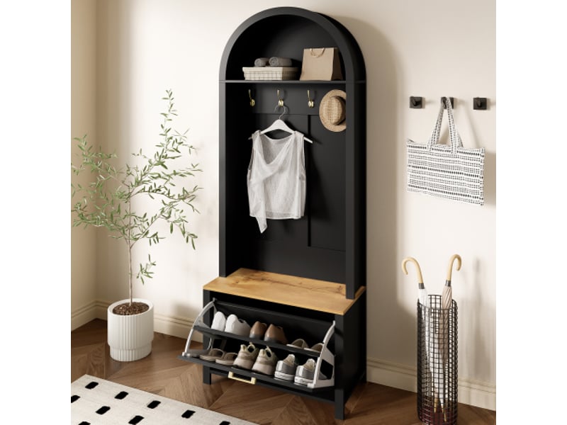 Garde-robe d'entrée multifonction en mdf durable – étagère à chaussures, crochets et plateau, pieds métal - Conforama E