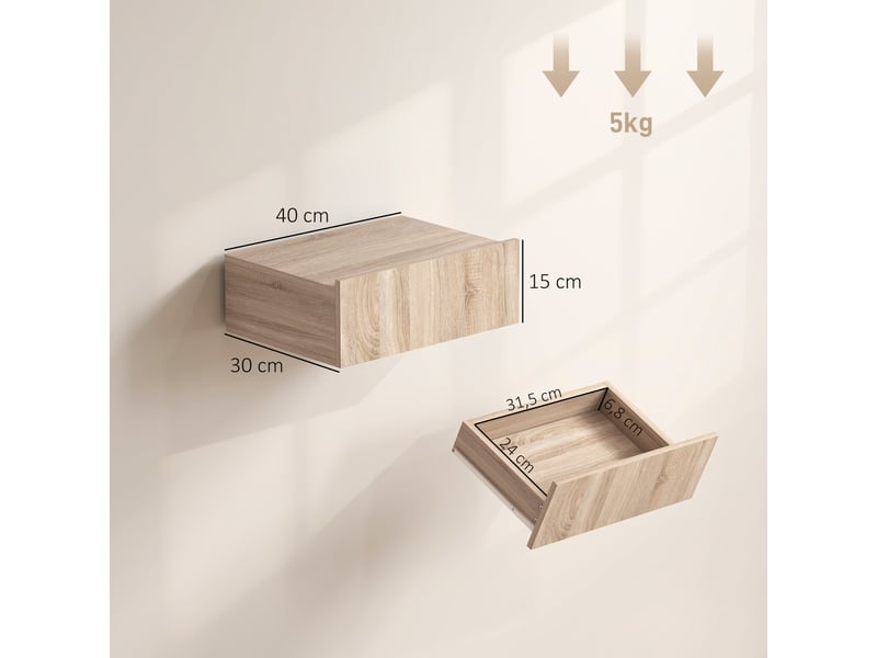  Lot de 2 tables de chevet murales, tables de nuit suspendues avec tiroir coulissant, 40 x 30 x 15 cm, chêne  - Conforama E