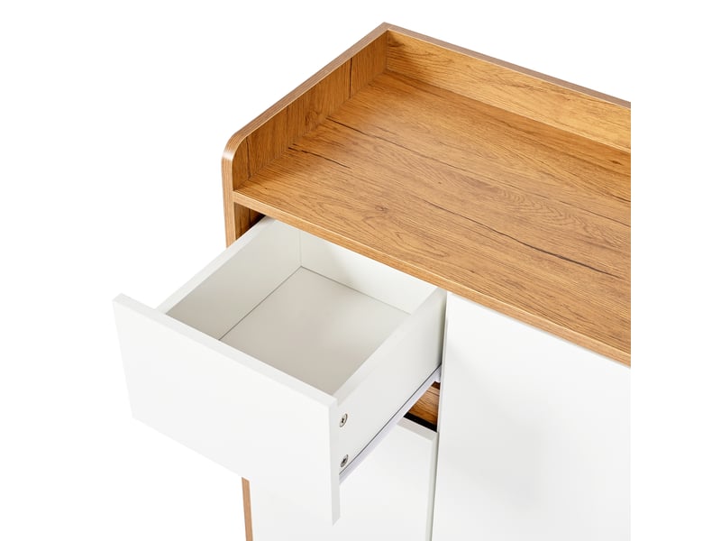 Meuble à chaussures 90x35x99 cm avec portes, niches ouvertes, étagères réglables et pieds en bois - Blanc et naturel Fay Lum - Conforama E