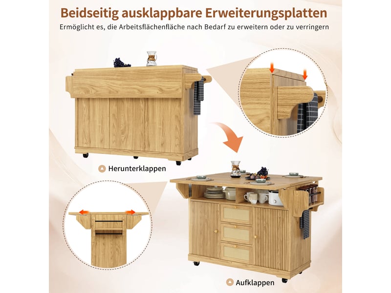  Desserte de cuisine pliable avec tiroirs en rotin pe 142.5 x 80 x 95 cm N620CC260518N - Conforama D