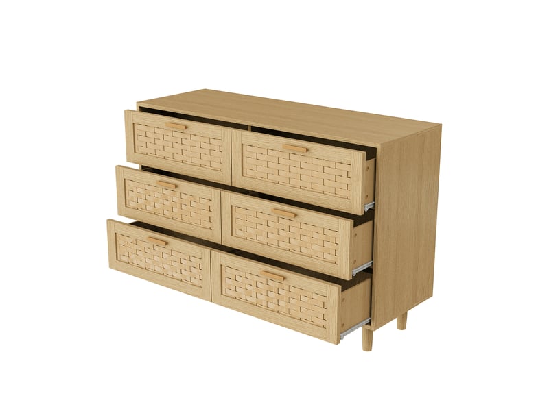  Commode en rotin et bois avec 6 tiroirs,buffet, meuble de rangement,couleur chêne,chambres, mdf,115 x 40 x 80 cm  - Conforama A