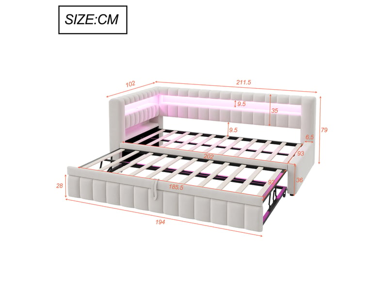 Lit banquette convertible 90x200 cm avec lit gigogne, led, usb et type-c, tête de lit avec rangement, velours beige - Conforama C