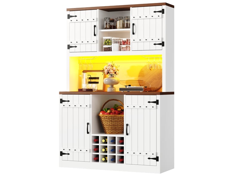  Haut meuble de cuisine 120x40x180 cm à portes style grange avec éclairage rgb led, rangements fermés et étagère ouverte, aspect vintage industriel, étagères réglables, porte-bouteilles, mdf, blanc  - Conforama B