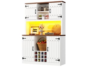 Haut meuble de cuisine 120x40x180 cm à portes style grange avec éclairage rgb led, rangements fermés et étagère ouverte, aspect vintage industriel, étagères réglables, porte-bouteilles, mdf, blanc