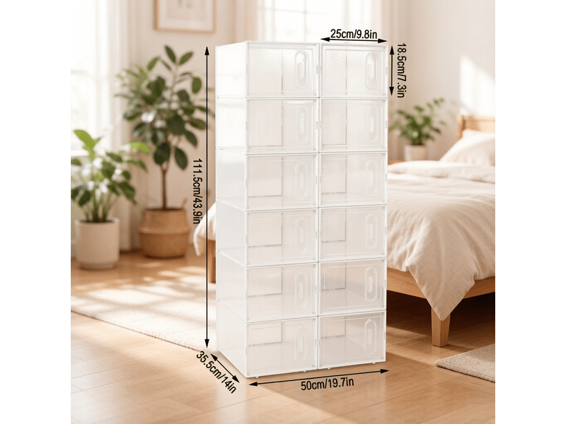 Meuble à chaussures modulaire, avec 12 boîtes empilables transparentes et ouverture frontale, pour chambre, plastique, blanc, 25×18,5×35,5 cm - Conforama E