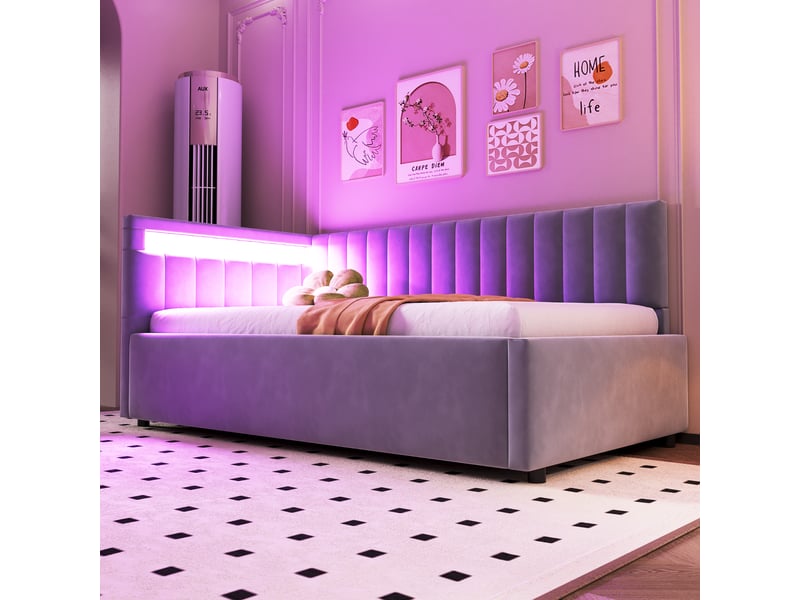  Lit coffre 90 x 200 cm gris, tête led amovible, rangement hydraulique et velours, jusqu'à 120 kg  - Conforama E