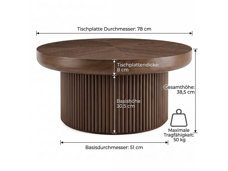 Table basse ronde 78 cm avec plateau à motif parquet bois et base cylindrique pour salon en bois couleur noyer - Conforama C