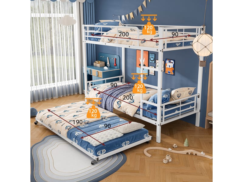  Lit superposé 3 places 90 × 200 cm et 90 × 190 cm avec lit gigogne, barrières et échelle, sans matelas, métal blanc  - Conforama E