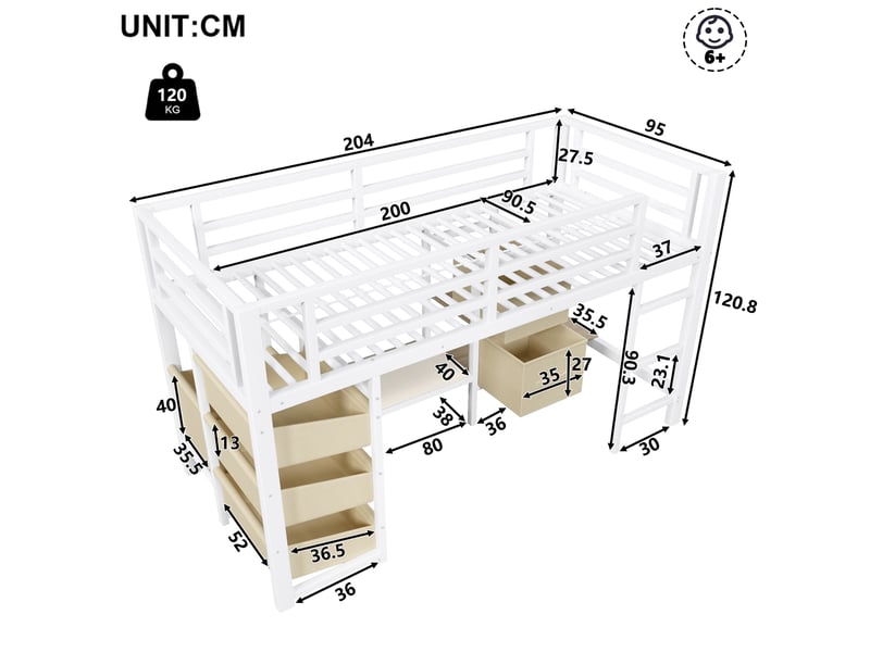  Lit mi-hauteur 90x200 cm avec led multicolore, rangements et assise, blanc  - Conforama C