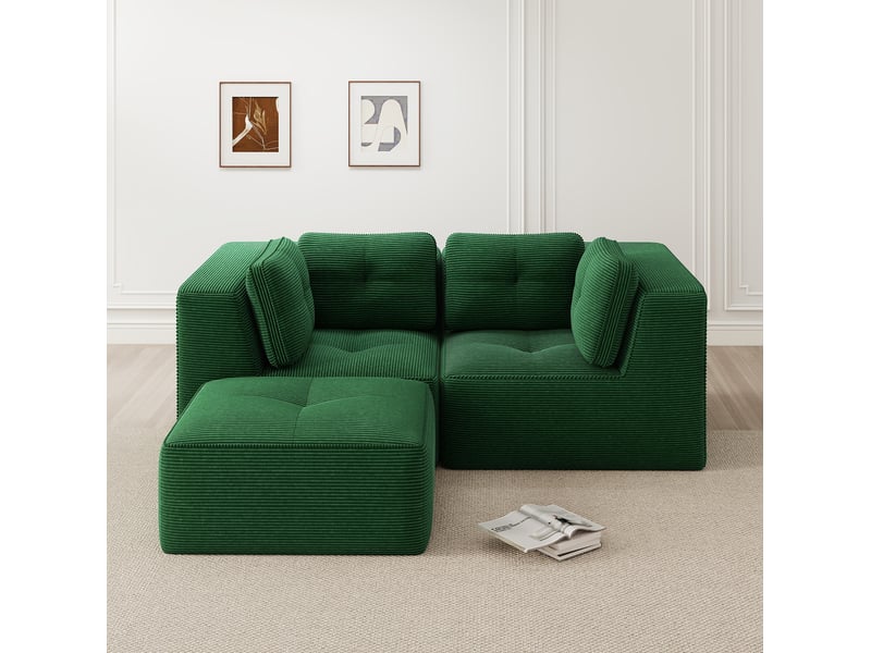 Canapé d'angle modulable ulevr 2 places en velours côtelé vert, pouf mobile, 208 x 177 x 69 cm - Conforama B