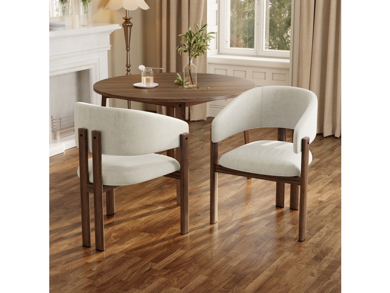  Lot de 4 chaises de salle à manger 61,5x52,5x83 cm avec accoudoirs, structure métallique, habillage en lin, teinte noyer+beige, style simple  - Conforama E