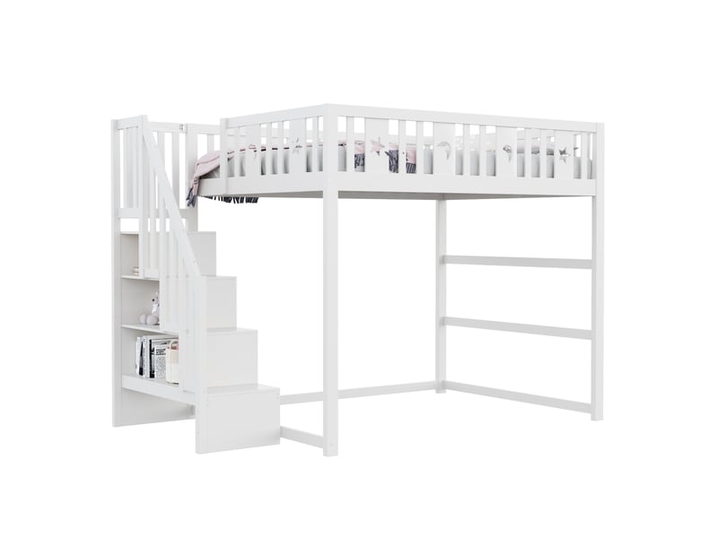  Lit mezzanine enfant 140 x 200 cm avec escalier, étagères, étoiles et lune, blanc  - Conforama A