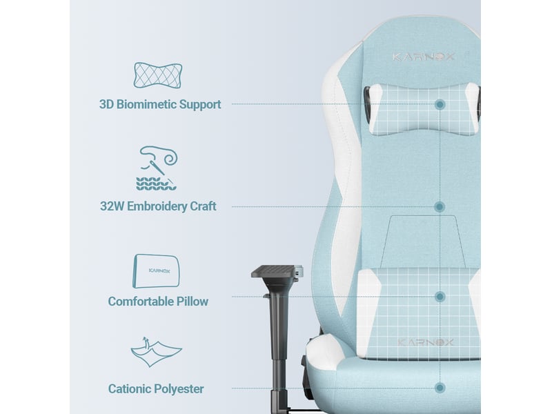  Chaise gaming 60 x 53 x 132 cm bleu clair et blanc en tissu, avec repose-pieds et dossier inclinable  - Conforama E