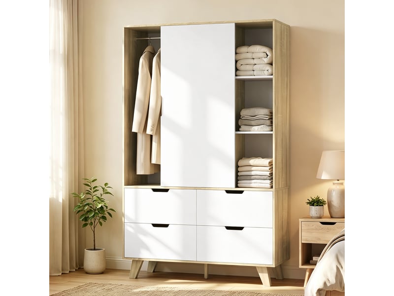  Armoire de chambre moderne avec portes coulissantes, penderie, étagères réglables et 4 tiroirs, chêne et blanc  - Conforama B
