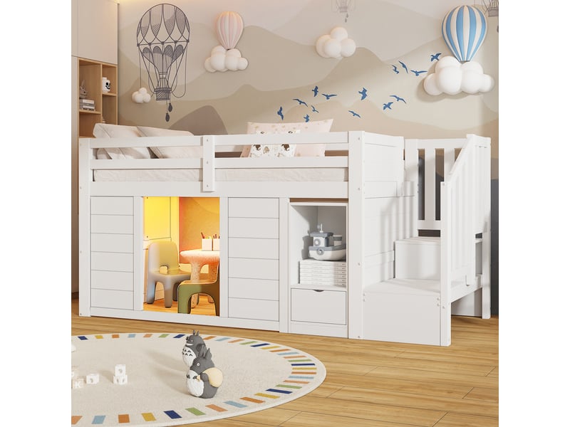  Lit mi-hauteur enfant 90x200 cm, escalier avec rangement, bibliothèque et placards, led multicolores, pin massif et mdf, blanc OMNIGLINT TRADING LTD - Conforama D