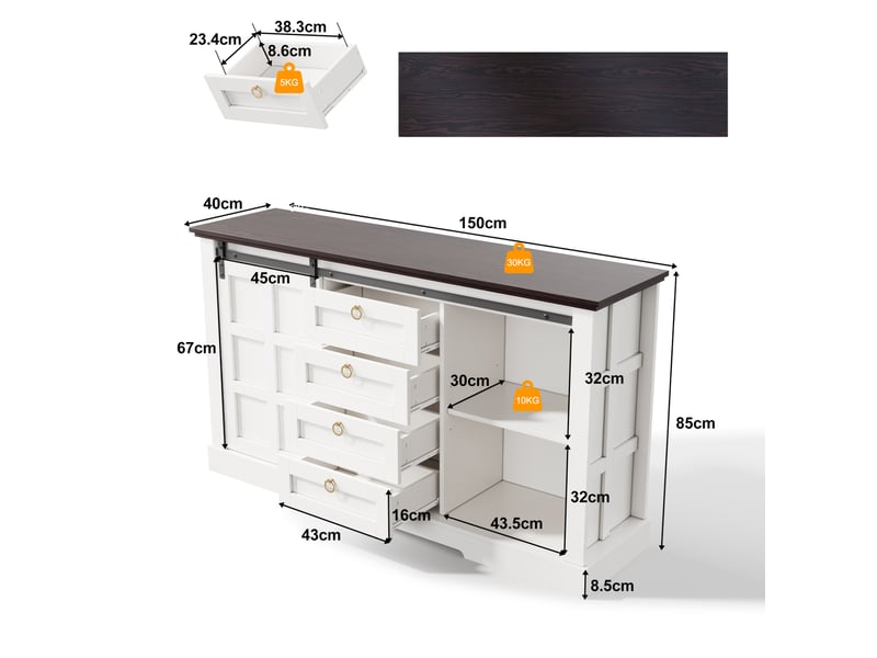  Buffet 150x40x85 cm avec 2 portes coulissantes et 4 tiroirs en mdf blanc  - Conforama E