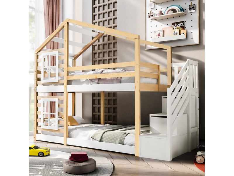  Lit superposé cabane 90 x 200 cm avec fenêtres, rangement et anti-chute, 2 sommiers, naturel et blanc, sans matelas  - Conforama D