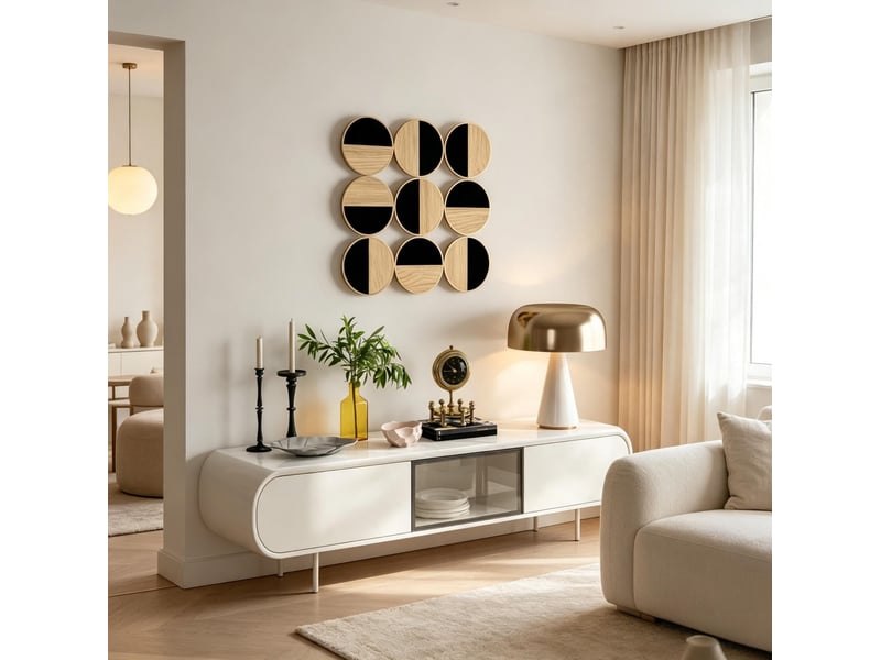  Décoration murale 3d à neuf disques avec éléments réfléchissants en métal, mdf et plastique noir naturel 60 × 60 cm  - Conforama C