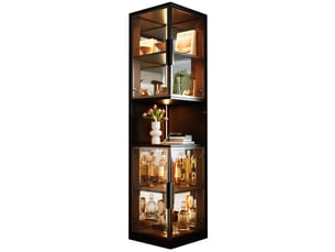 Vitrine noire avec éclairage led, meuble vitrine en verre 205 cm, portes doubles, fond miroir, étagère ouverte, pour salon