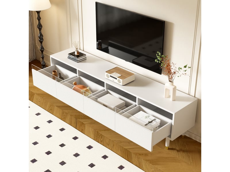  Meuble tv blanc 178 cm, design minimaliste, 4 tiroirs mdf et acrylique, pieds bois et métal, blanc  - Conforama D