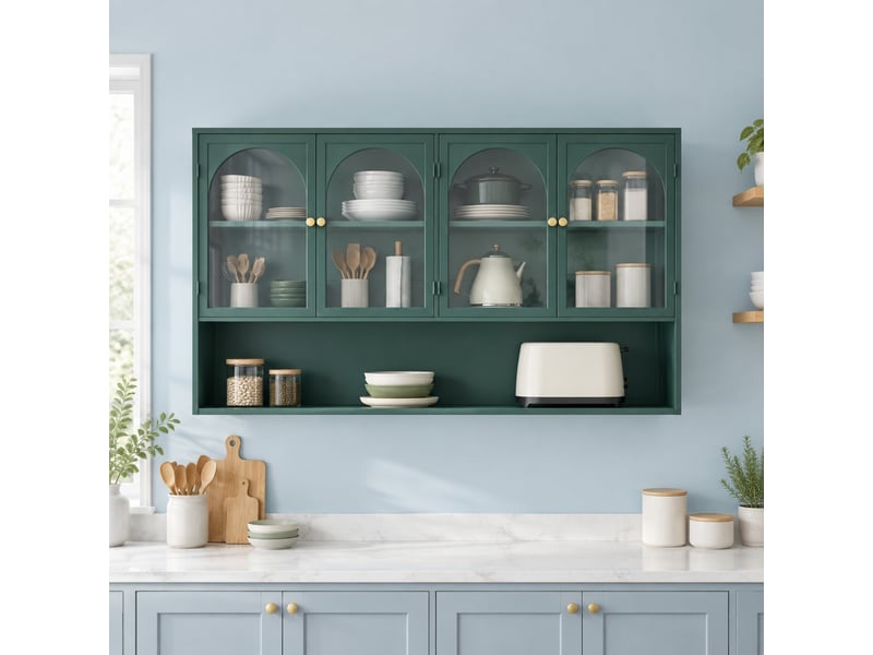  Armoire murale à 4 portes en verre et métal avec étagères pour cuisine et salon, vert foncé, 120×23×70 cm  - Conforama C