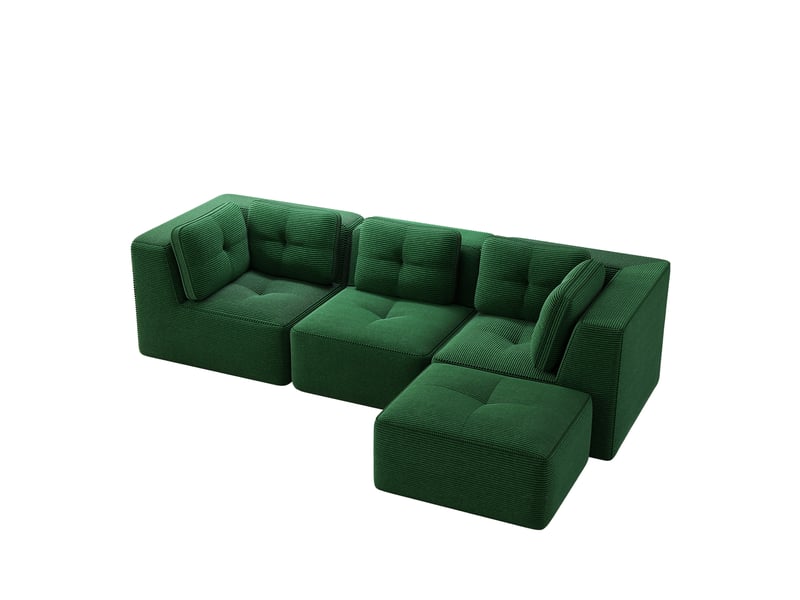  Canapé d'angle modulable 3 places avec ottomane en velours côtelé vert  - Conforama A