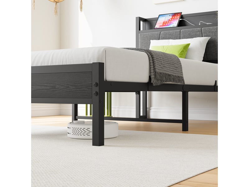  Tcqpz lit adulte 90x200 cm noir en métal et mdf avec tête de lit et rangement  - Conforama E