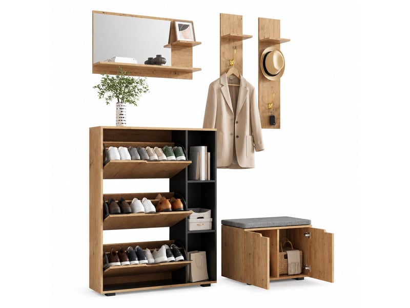  Meuble d'entrée avec miroir, patères, étagères, meuble à chaussures, banc rembourré, noir naturel, 150 × 35 × 161,5 cm  - Conforama A
