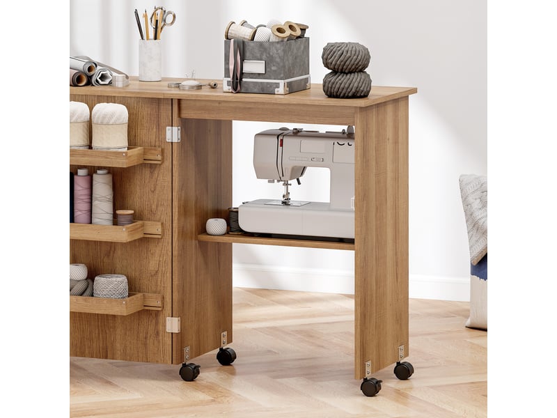  Table de couture pliable sur roulettes - table à rabat - 4 étagères - effet bois chêne moyen  - Conforama D