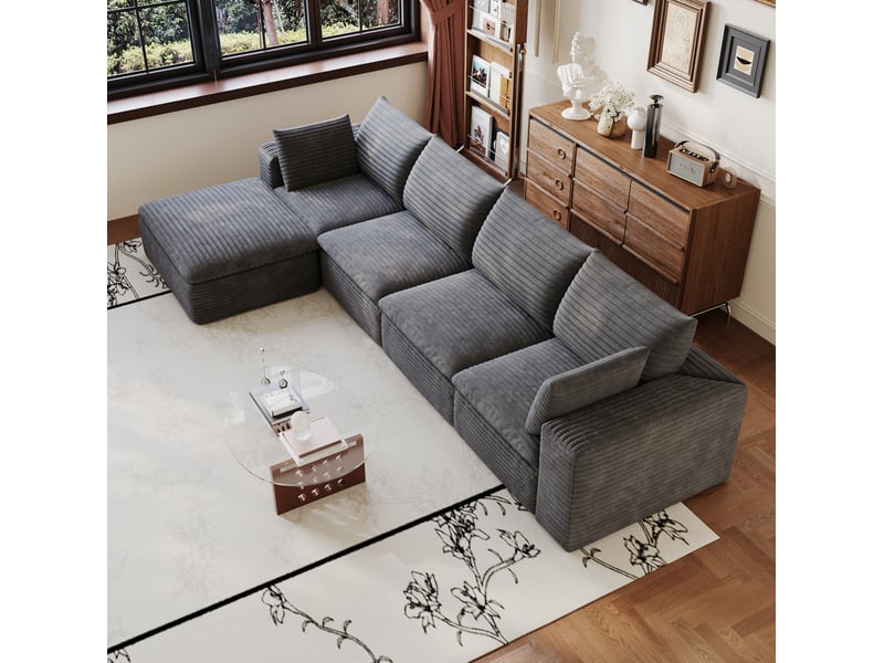 Canapé d'angle modulable 5 places avec coussins amovibles et soutien en mousse, en velours côtelé gris foncé - Conforama E