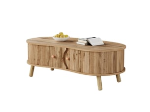Table basse forme haricot 108x50x37 cm - 2 portes coulissantes - rangement intrieur - pieds bois massif - structure mdf - bois naturel