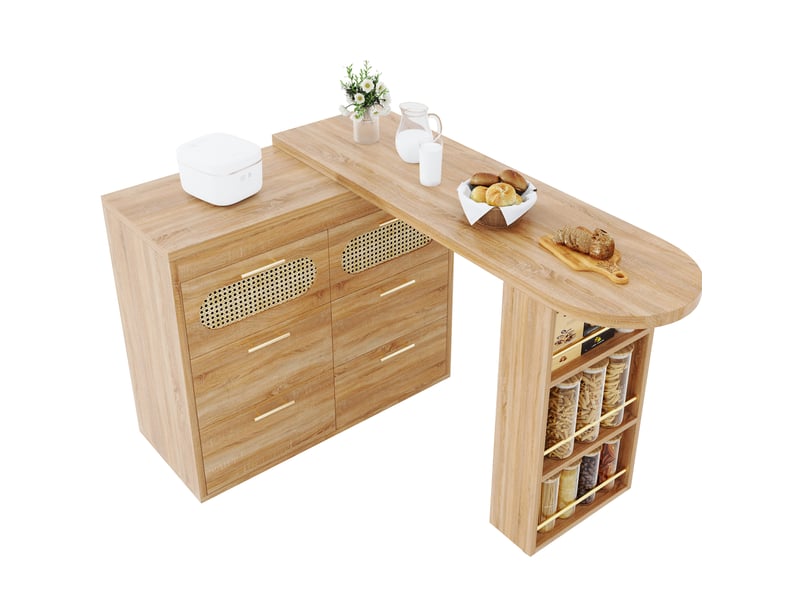  Table bar modenvie pivotante 128-203 cm avec 6 tiroirs, rangement latéral, mdf et métal, naturel  - Conforama A