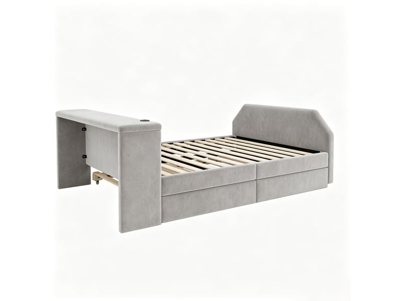  Lit enfant rembourré 140x200 cm avec bureau, usb et lit gigogne en velours gris, sans matelas  - Conforama R