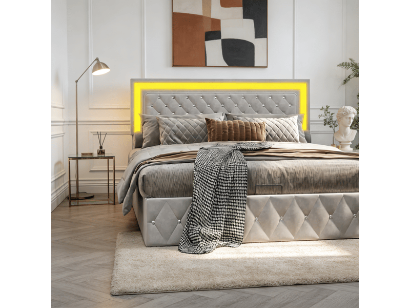  Lit adulte 140x200 cm beige avec éclairage led et coffre hydraulique - velours doux, sommier à lattes, rangement spacieux, charge 280 kg  - Conforama B