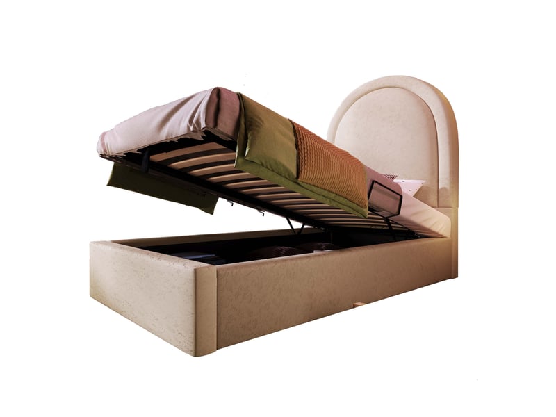 Lit coffre enfant 90x190 cm, rangement et tête demi-arche beige, structure métal + bois + pu, sans matelas  - Conforama A