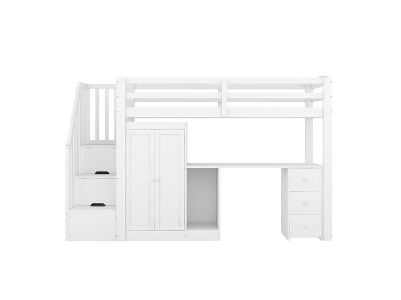  Lit mezzanine avec bureau, armoire, escalier et tiroirs, blanc, 90x200 cm, sommier à lattes  - Conforama A