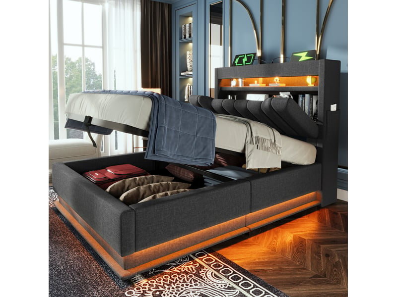  Modenvie lit coffre 90x200 cm - avec led, ports usb-c et rangement, matelas inclus - gris  - Conforama D